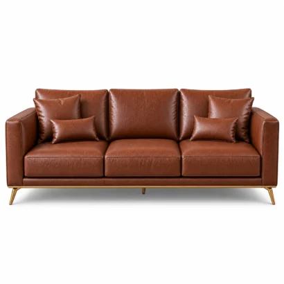 Luxury Chesterfield leather sofa Dubai front view with elegant gold legs and leather cushions