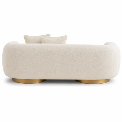 Back view of Opal Curved Bouclé Sofa Dubai showcasing its smooth rounded silhouette and luxury finish