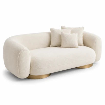Front left angle view of Opal Curved Bouclé Sofa Dubai for contemporary living rooms in Dubai UAE