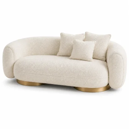 Front right angle view of Opal Curved Bouclé Sofa Dubai with premium cream bouclé upholstery