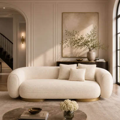 Opal Curved Bouclé Sofa Dubai in a luxury modern living room with premium cream bouclé upholstery