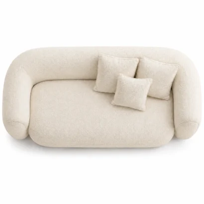 Top view of Opal Curved Bouclé Sofa Dubai featuring elegant curved seating and premium bouclé fabric