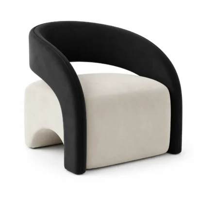 Orbit Accent Chair Dubai with curved black backrest and ivory upholstered seat front left view