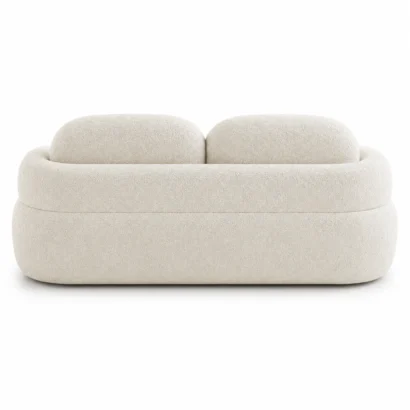 Puffed boucle sofa back view with rounded upholstered frame
