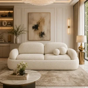 Puffed boucle sofa styled in a luxury Dubai living room