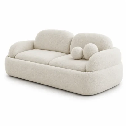 Puffed boucle sofa right side view with curved luxury design