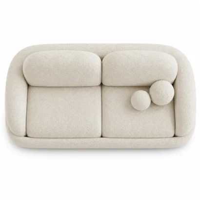 Puffed boucle sofa top view showing spacious seating design