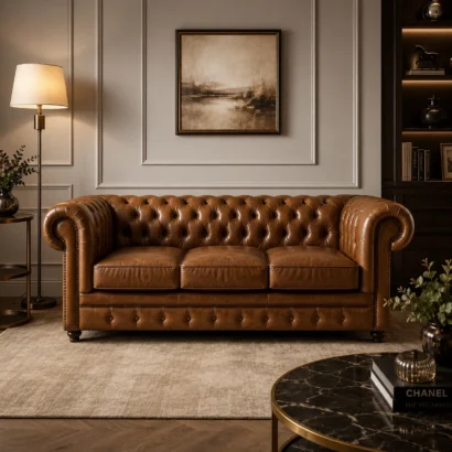 Signature leather sofa in a luxury living room, premium leather sofa Dubai Furniture Delivery UAE