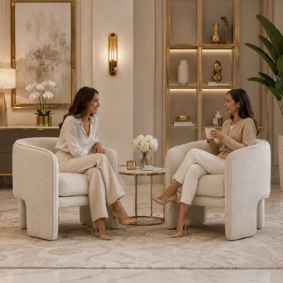 Trio Base Chair with cream textured upholstery for modern interiors in Dubai UAE