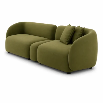 Front right angle view of Verde Curved Upholstered Sofa in premium olive green fabric