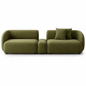 Verde Curved Upholstered Sofa in a modern luxury living room with premium olive green fabric upholstery