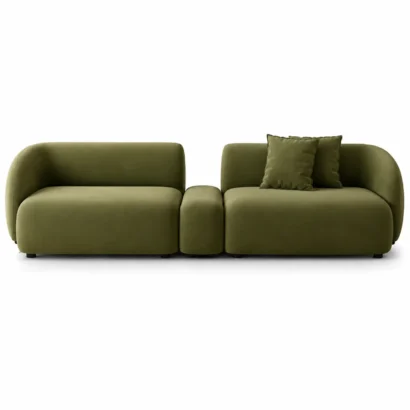 Verde Curved Upholstered Sofa in a modern luxury living room with premium olive green fabric upholstery