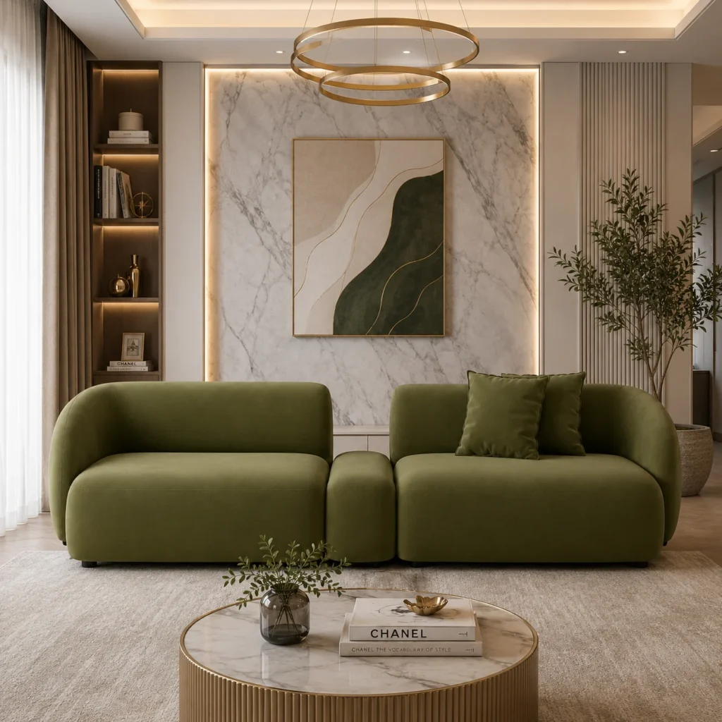 Front view of Verde Curved Upholstered Sofa luxury modular fabric sofa by Ansary Furniture