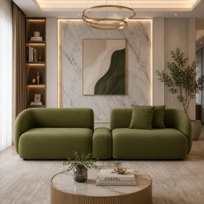 Front view of Verde Curved Upholstered Sofa luxury modular fabric sofa by Ansary Furniture