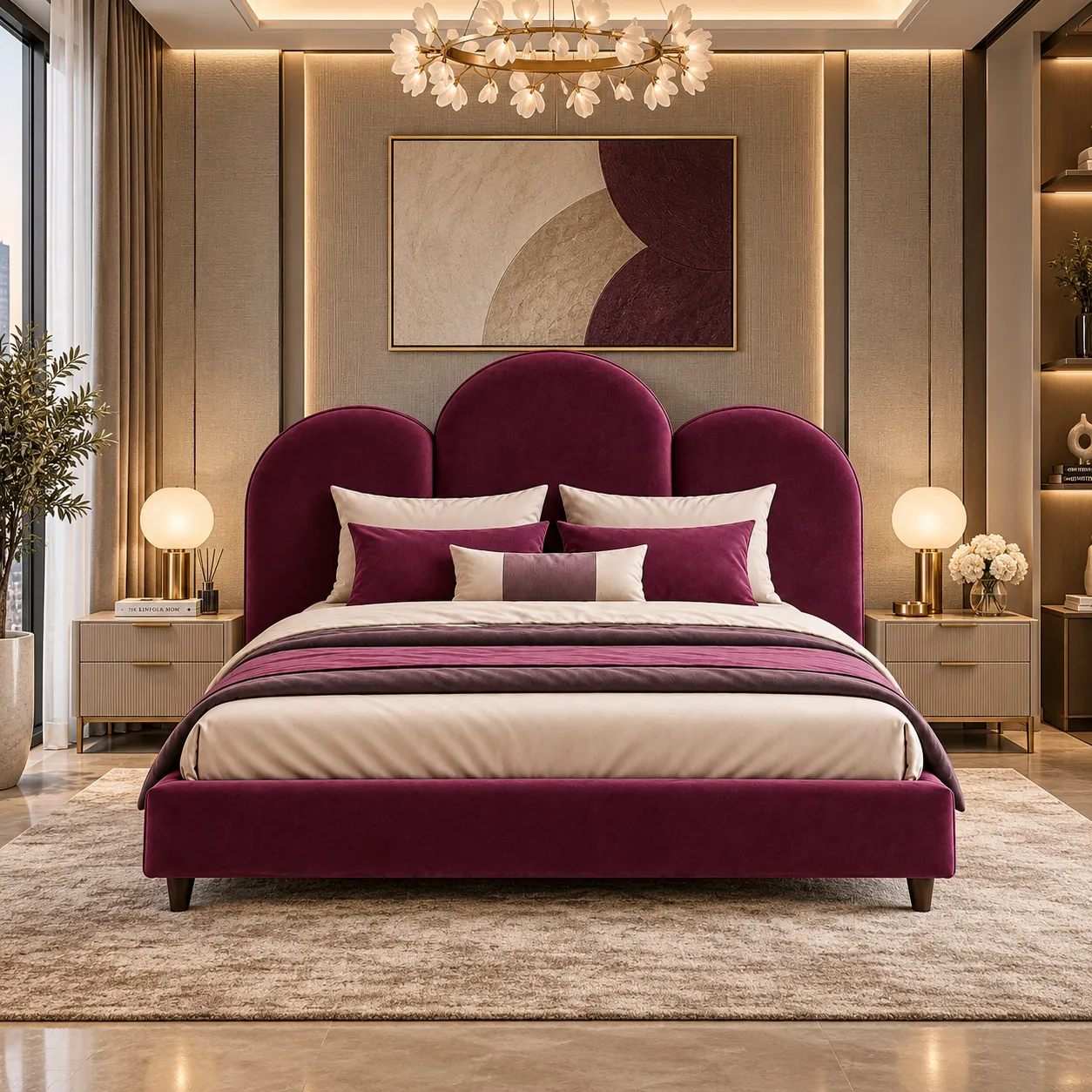 Burgundy upholstered bed with curved headboard in Dubai
