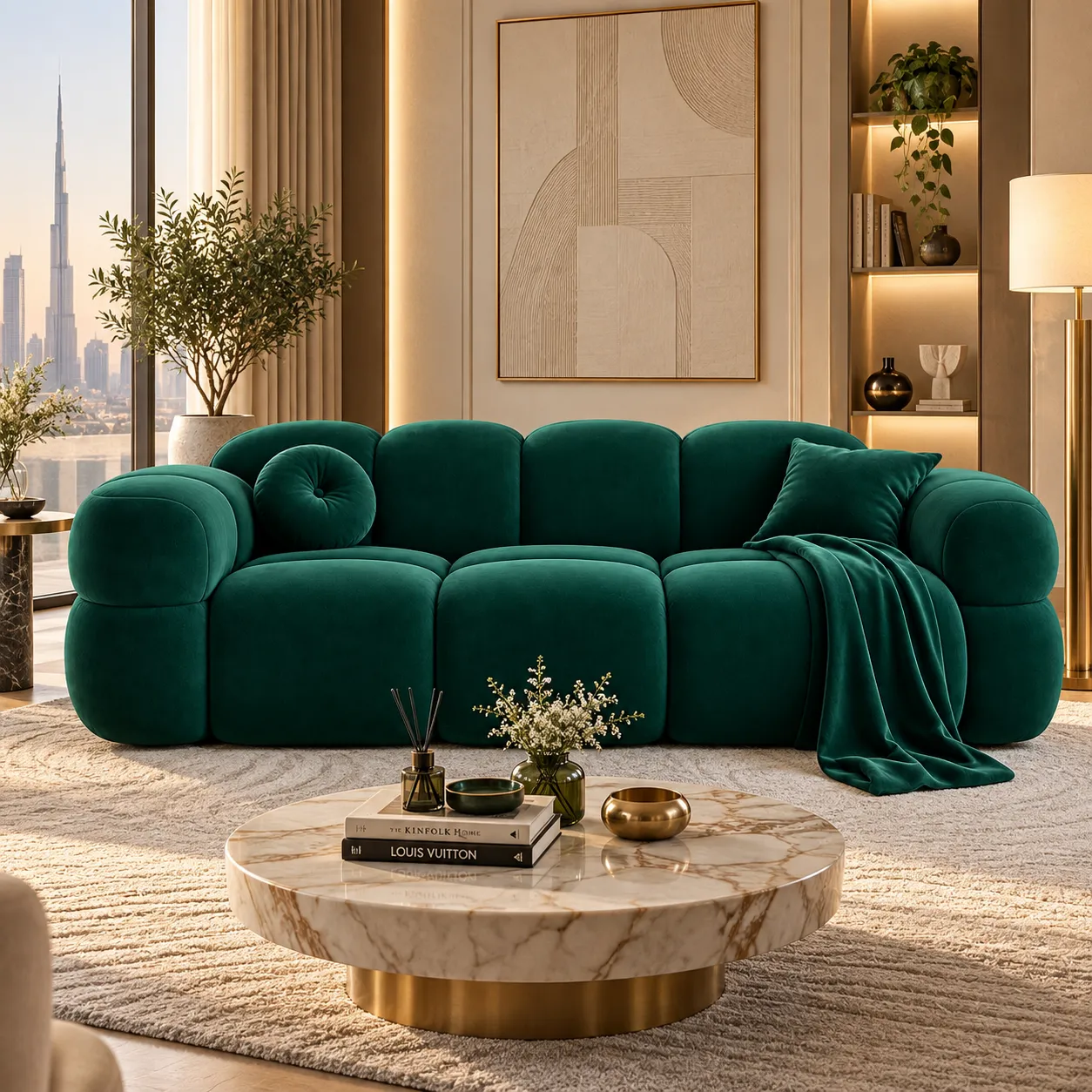 Deep green luxury cloud sofa in a modern luxury living room