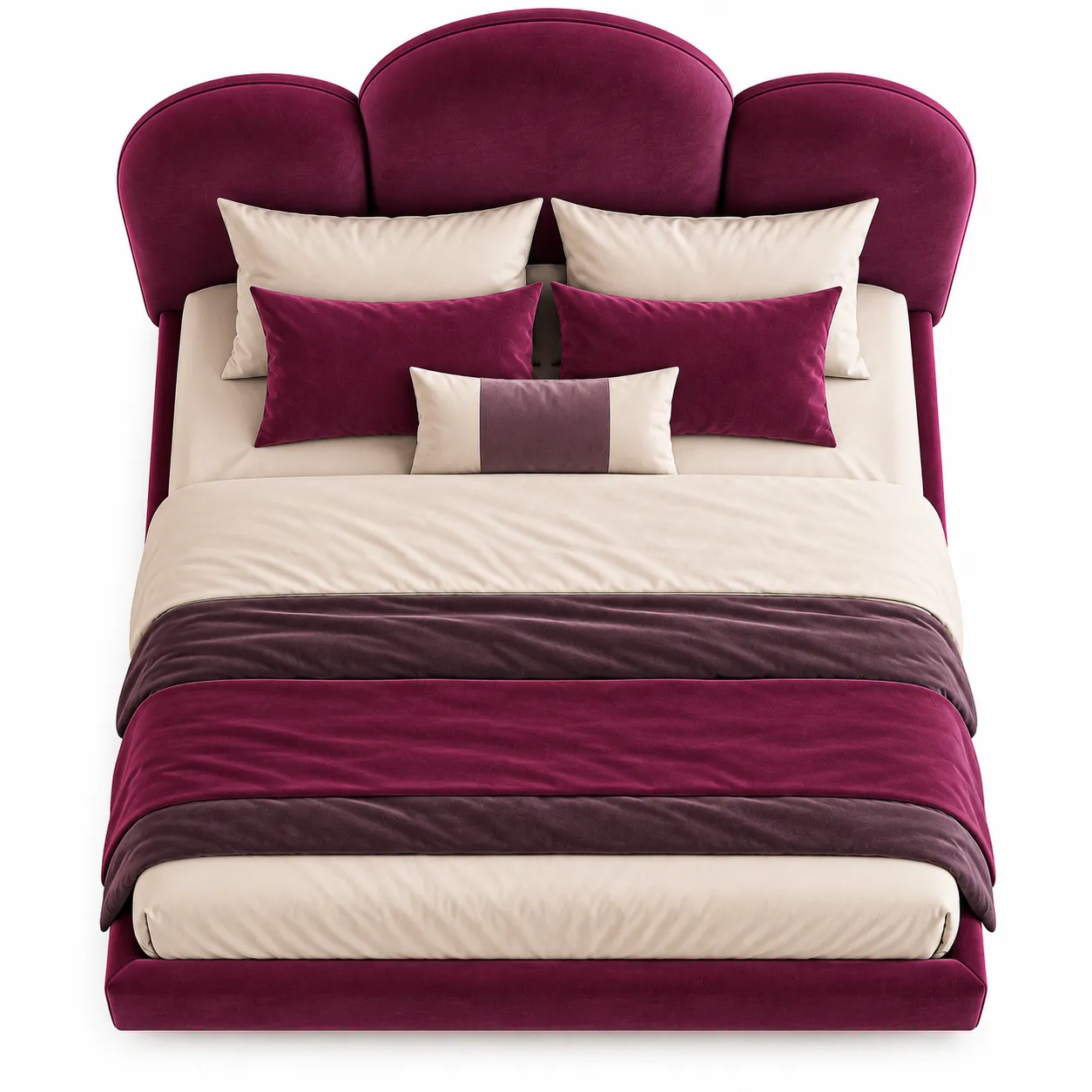 Luxury velvet upholstered bed with curved headboard
