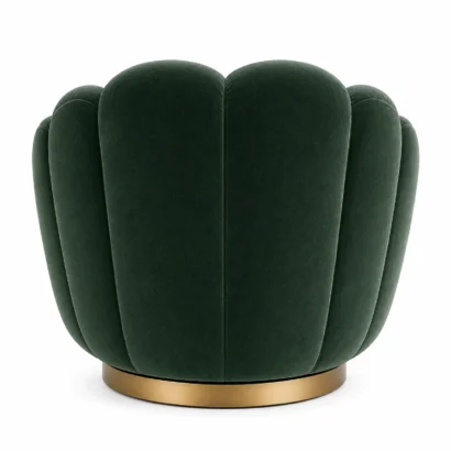 Back view of opulent velvet armchair with scalloped back design