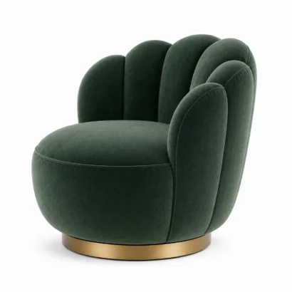 Opulent velvet armchair front view with deep green velvet upholstery