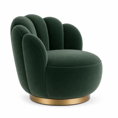 Opulent velvet armchair shown from the left angle with detailed upholstery