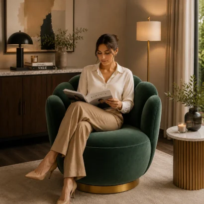 Opulent velvet armchair in a luxury living room