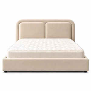 Front view of a Minimalist Beige Upholstered Platform Bed UAE with a rounded padded headboard.