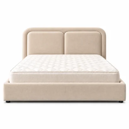 Front view of a Minimalist Beige Upholstered Platform Bed UAE with a rounded padded headboard.