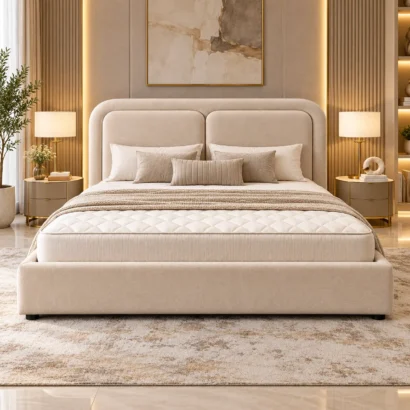 Beige upholstered platform bed styled in a modern bedroom with warm neutral décor.
