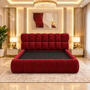 Front view of burgundy velvet bed frame with two-row padded headboard panels