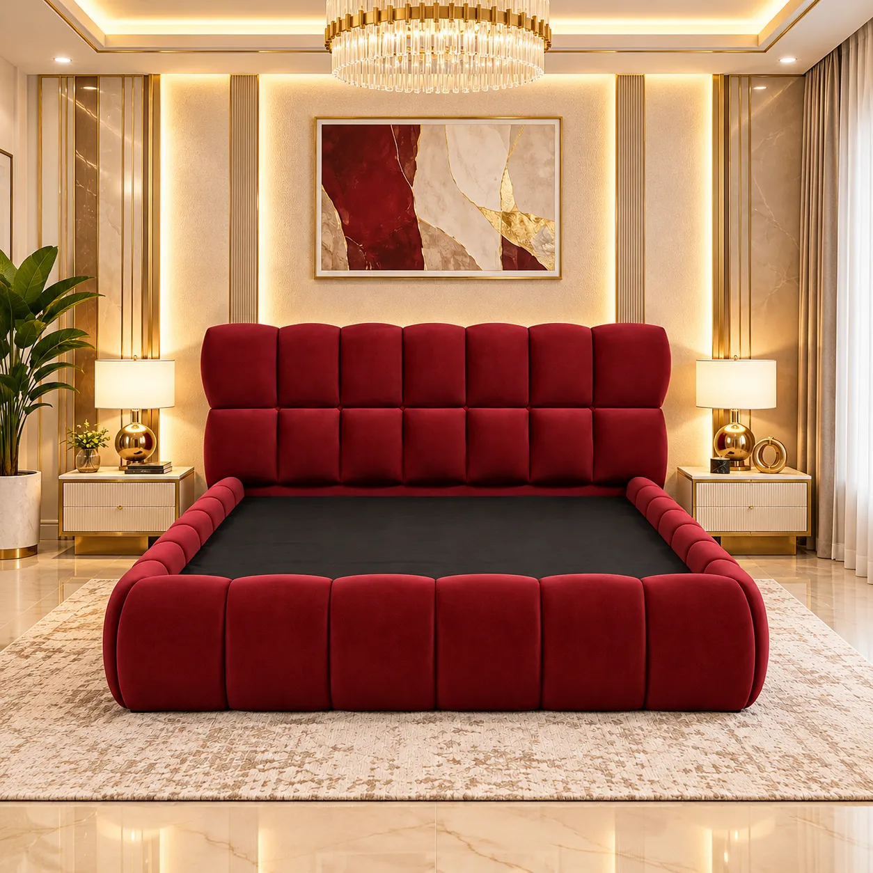 Front view of burgundy velvet bed frame with two-row padded headboard panels