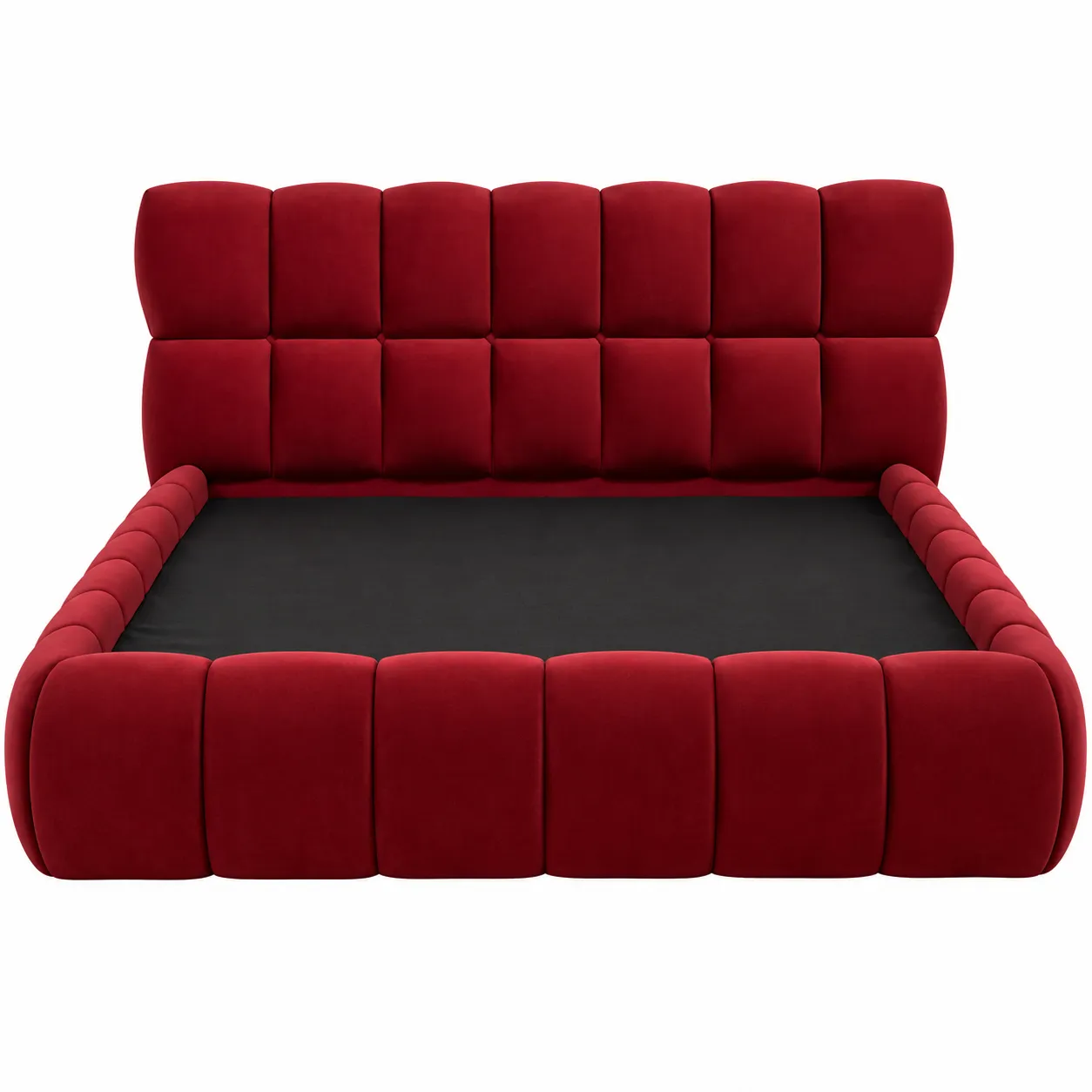 burgundy-velvet-tufted-platform-bed.webp Burgundy Velvet Upholstered Bed UAE with padded headboard and upholstered footboard