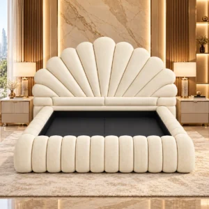 Cream shell headboard bed styled in a luxury bedroom interior in the UAE