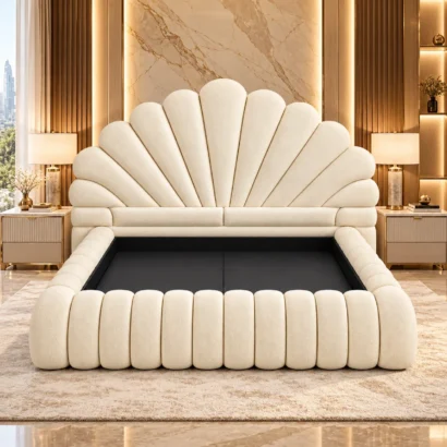 Cream shell headboard bed styled in a luxury bedroom interior in the UAE