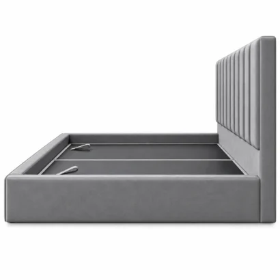 Grey upholstered storage bed with channel-tufted headboard side view