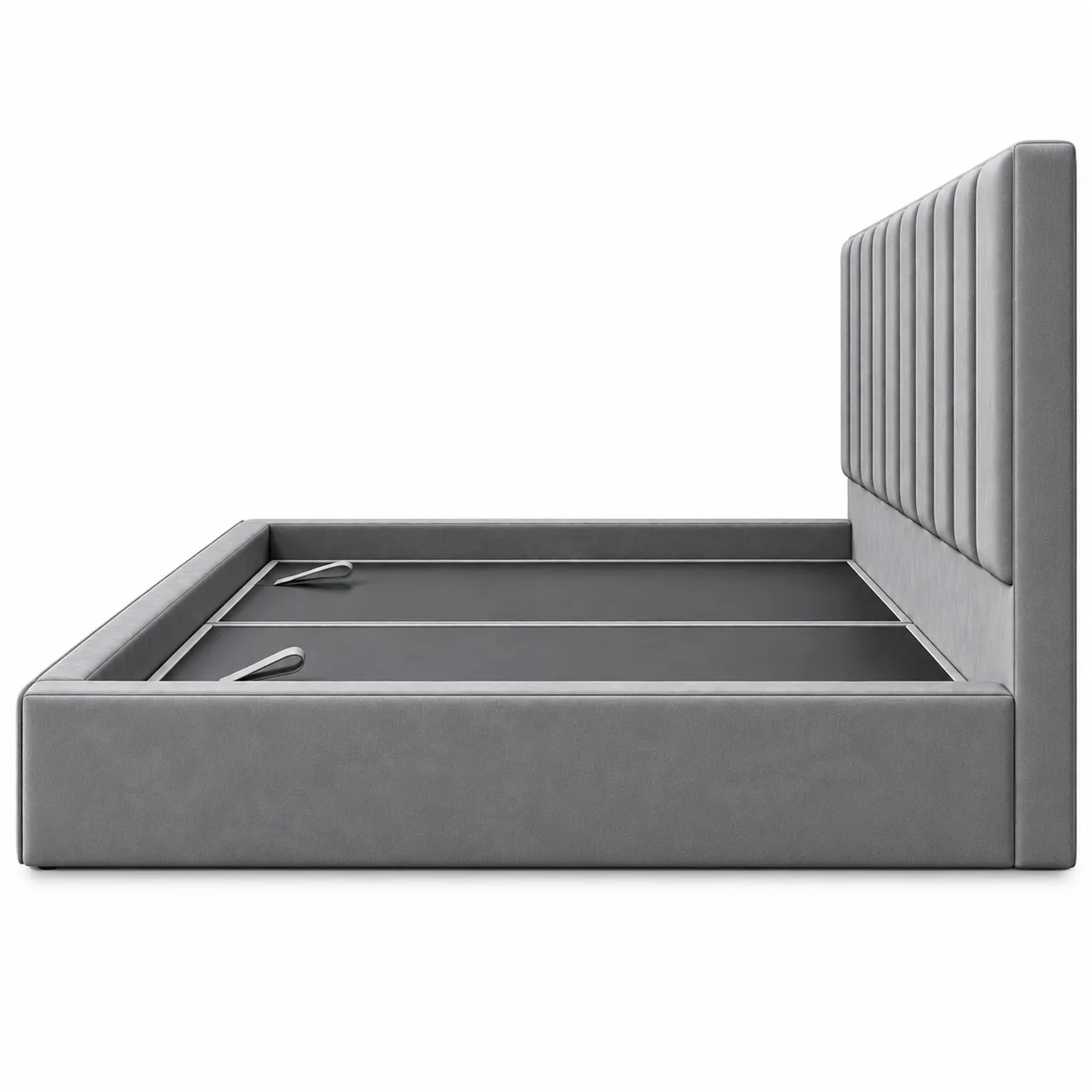 Grey upholstered storage bed with channel-tufted headboard side view