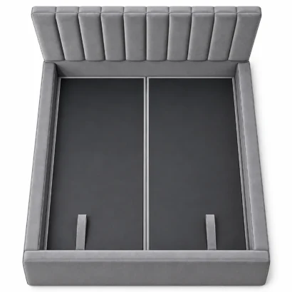 Grey channel-tufted storage bed with hidden under-bed storage compartment