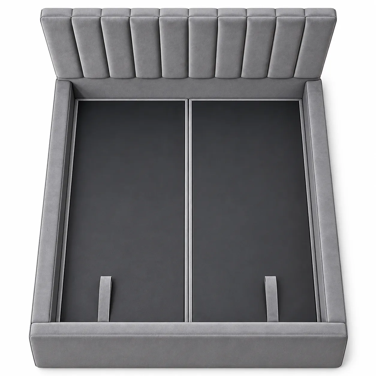 Grey channel-tufted storage bed with hidden under-bed storage compartment