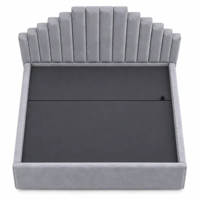 Top view of grey upholstered platform bed frame showing the headboard and side rails