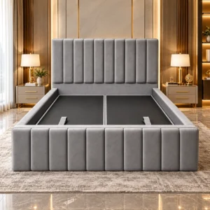 Luxury grey storage bed with vertical channel-tufted footboard