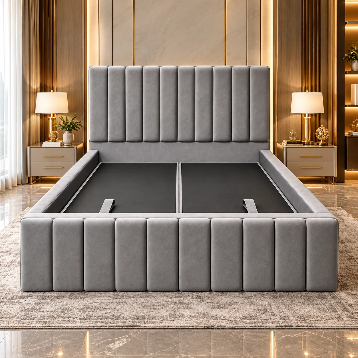 Luxury grey storage bed with vertical channel-tufted footboard