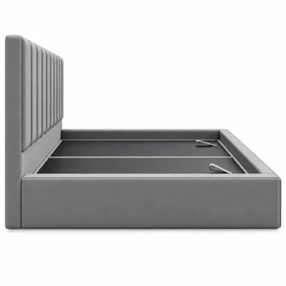 Luxury grey channel-tufted storage bed in a modern bedroom in Dubai UAE
