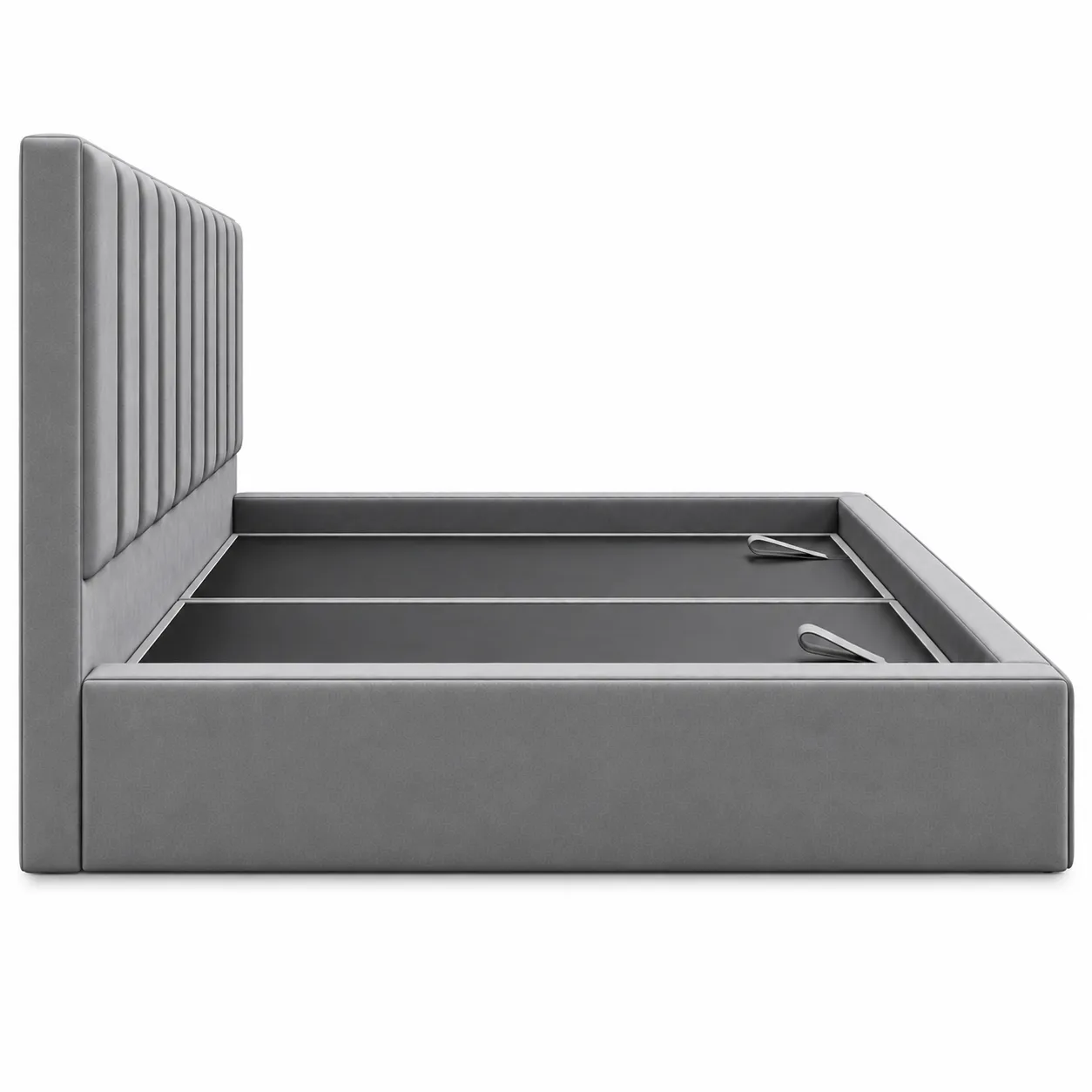 Luxury grey channel-tufted storage bed in a modern bedroom in Dubai UAE
