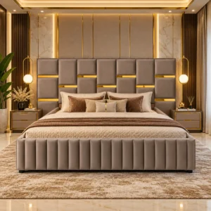 Luxury taupe upholstered bed styled in a modern bedroom interior in Dubai UAE