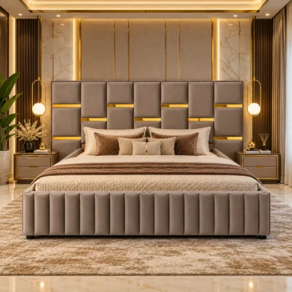 Luxury taupe upholstered bed styled in a modern bedroom interior in Dubai UAE
