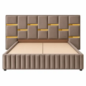 Luxury Taupe Upholstered Platform Bed Dubai with geometric headboard and gold accents in Dubai UAE