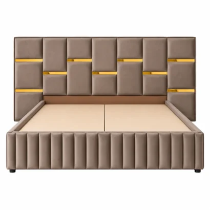 Luxury Taupe Upholstered Platform Bed Dubai with geometric headboard and gold accents in Dubai UAE