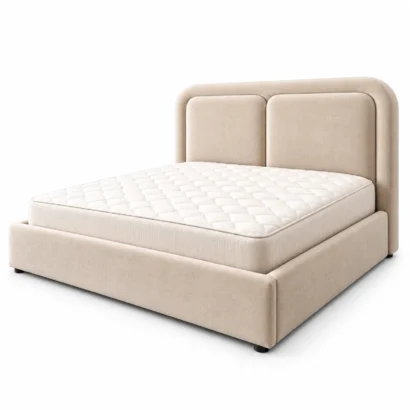 Beige upholstered platform bed with rounded headboard and quilted white mattress.