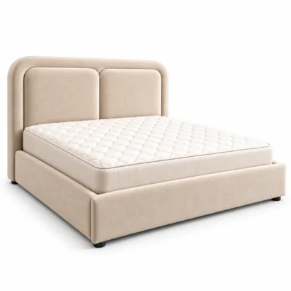 Angled view showing the beige upholstered bed frame and curved headboard.
