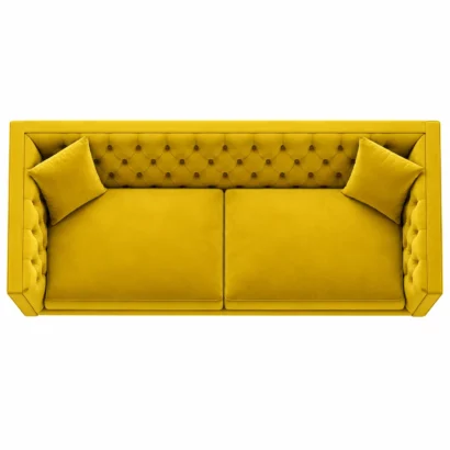 Top view of mustard velvet 3-seater sofa with tufted back