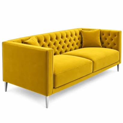 Mustard velvet sofa UAE showing upholstered arm and metal legs